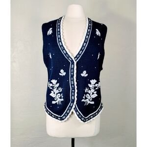 Vtg 90s Womens Knit Vest Dark Navy White Silver Flower Detail. Ramie Cotton Sz L